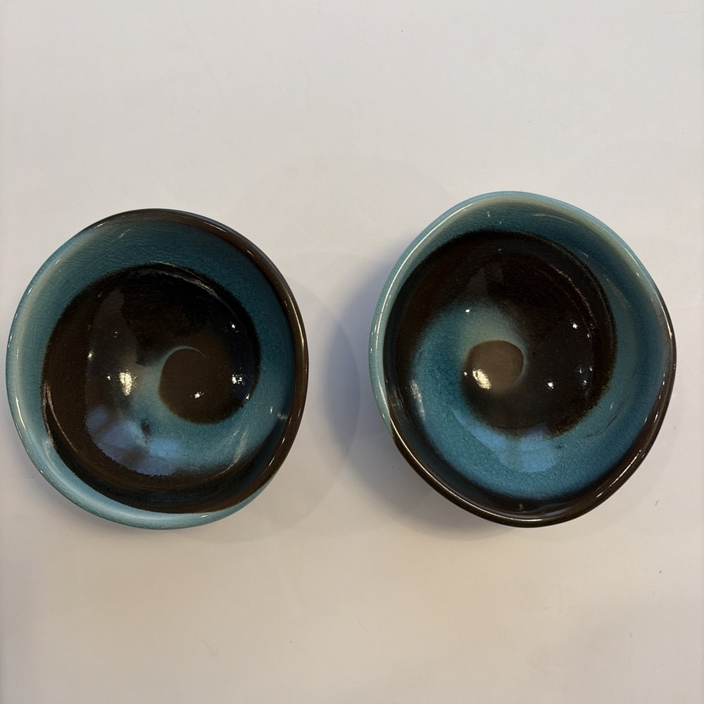 Vintage Japanese Tenmoku Crackle Glaze Ceramic Bowl Turquoise 寿 Longevity 5